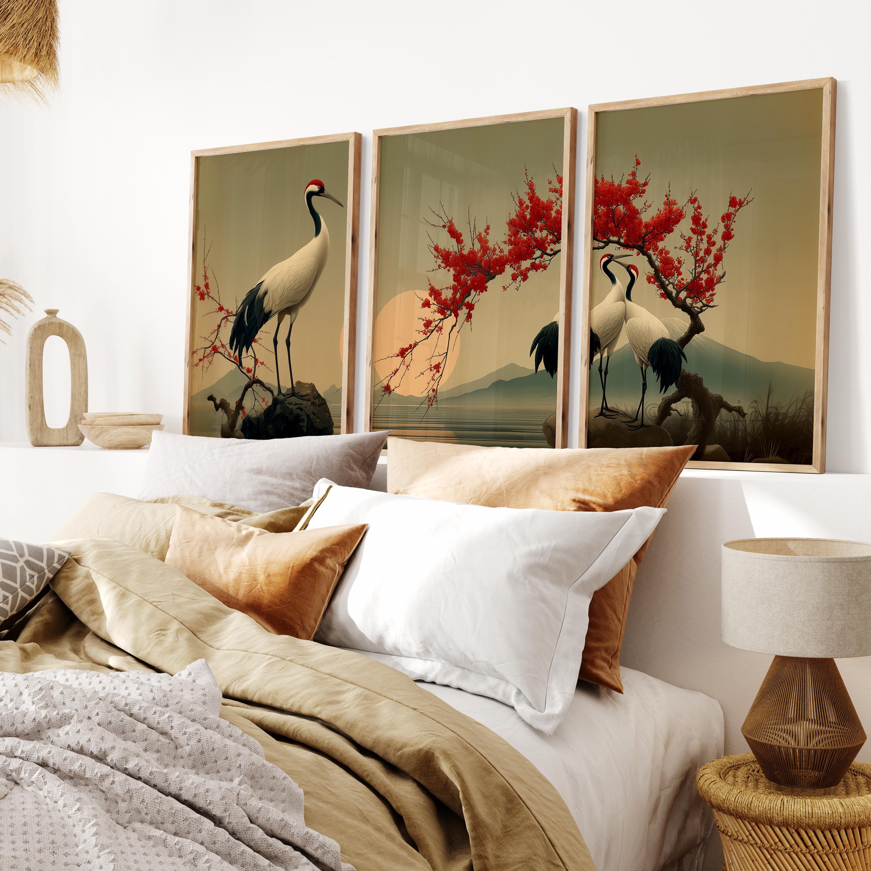 Japanese Crane Triptych Wall Art Set – Chinese Bird Three Panel Print ...