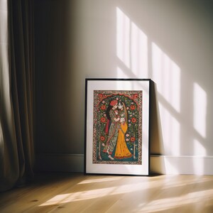 Radha Krishna Painting Style Poster, Traditional Madhubani Print Wall Art, Great Hindu God Themed Gifts & Cultural Home Decor Enhancement, Image 9