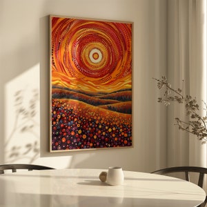 Aboriginal Artwork Print, Sunset Meadow Dot Painting Style Poster, Indigenous Australian Wall Art for Contemporary Home Decor, Unique Gift