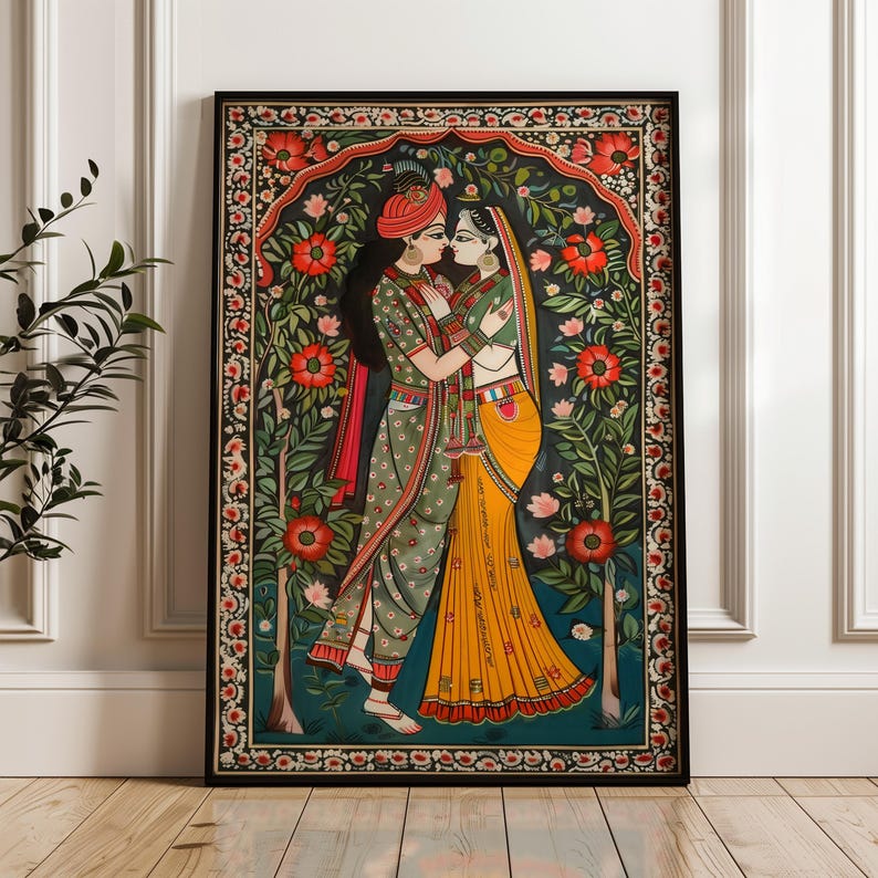 Radha Krishna Painting Style Poster, Traditional Madhubani Print Wall Art, Great Hindu God Themed Gifts & Cultural Home Decor Enhancement, Image 5