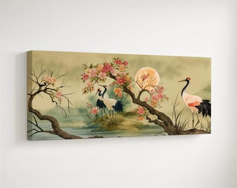 Japanese Crane Canvas Art: Spring Cherry Blossom Panoramic Wall Decor