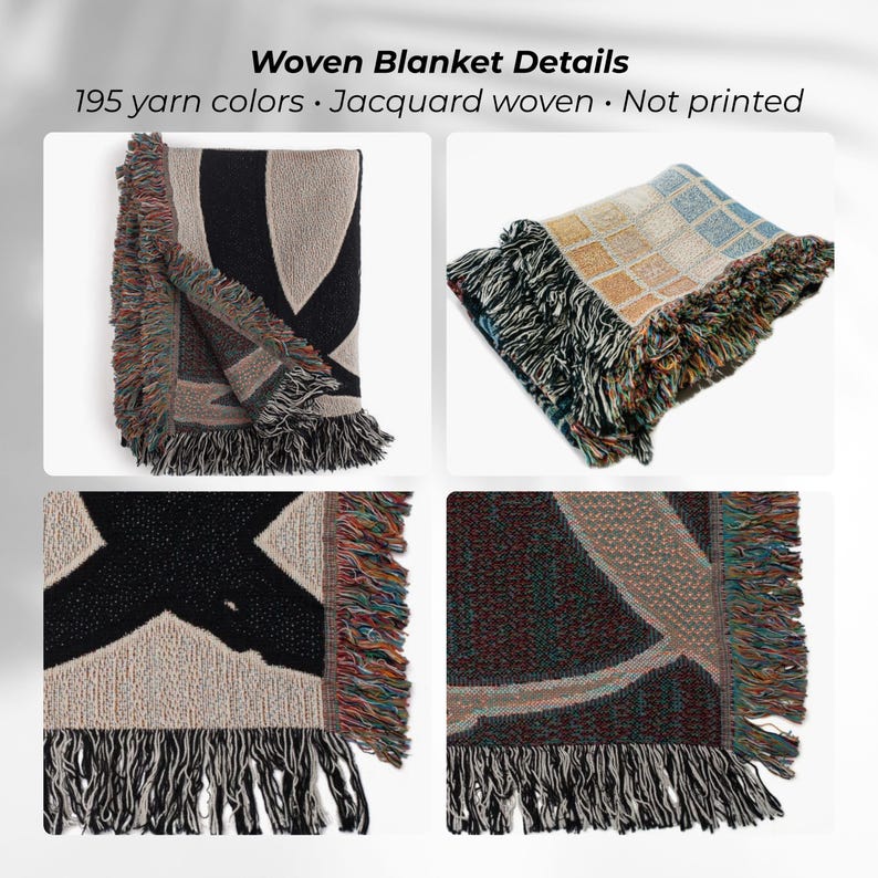 Op de afbeelding: Een jacquard geweven deken met 195 garenkleuren en franjes aan de randen. De tekst Woven Blanket Details 195 yarn colors Jacquard woven Not printed is zichtbaar. De deken toont diverse geometrische patronen in zwart, beige en blauw.