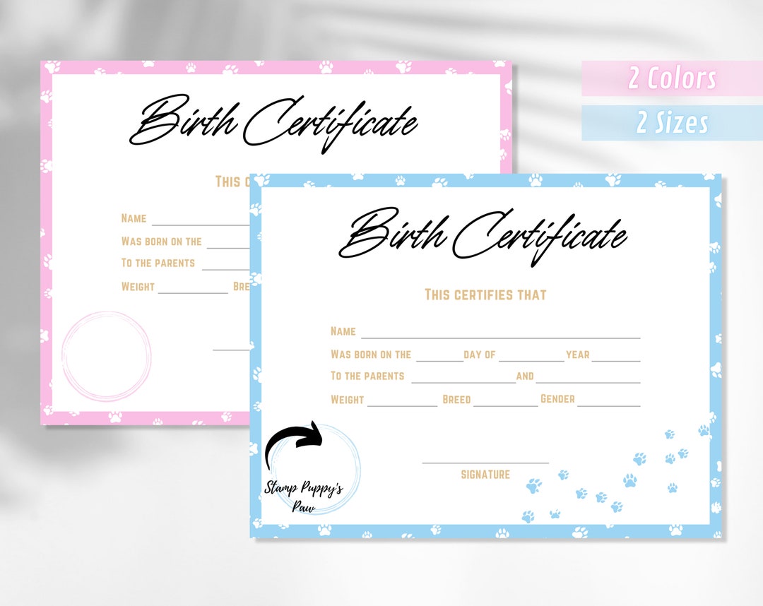 Pet Birth Certificate Printable, Dog Birth Certificate, Puppy Birth Certificate, Breeder Birth ...