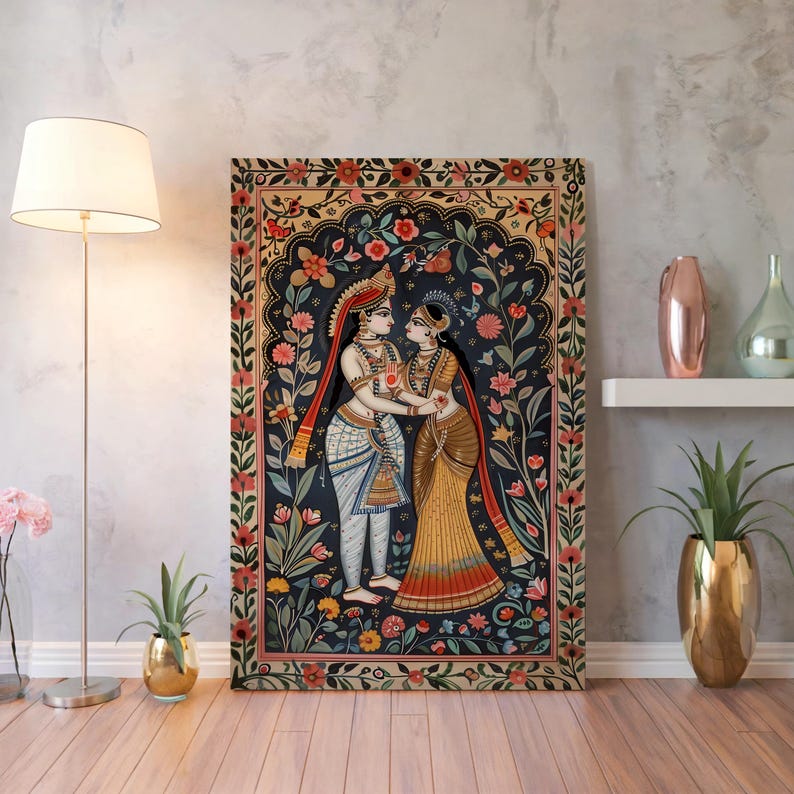 Floral Hindu Radha Krishna wall art displayed as a large vertical statement canvas in modern home decor