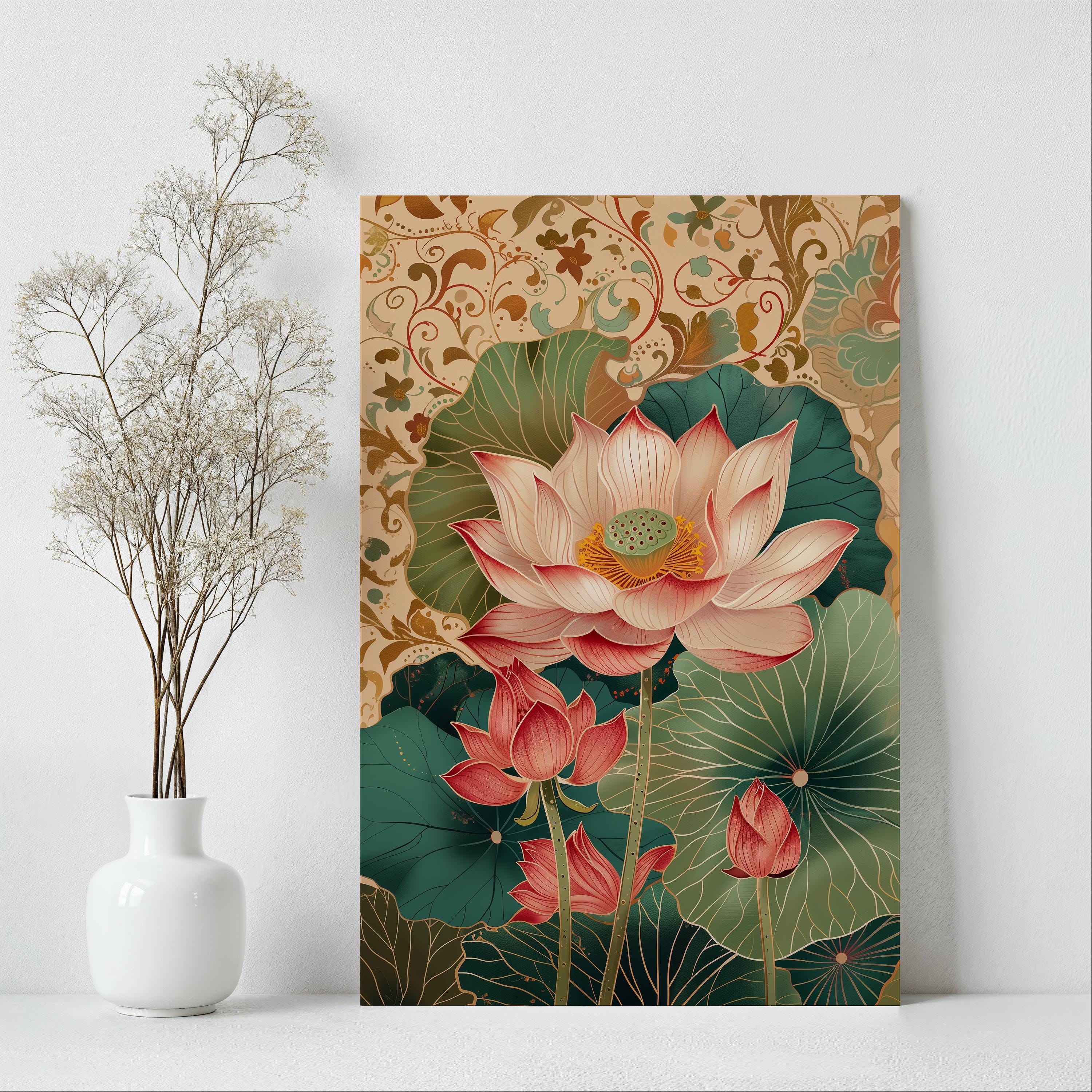 Gentle Pink Lotus Indian Art, Floral Print on Canvas, Extra Large