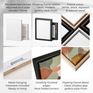 Canvas and floating frame options showing construction and frame finishes available for wall artwork