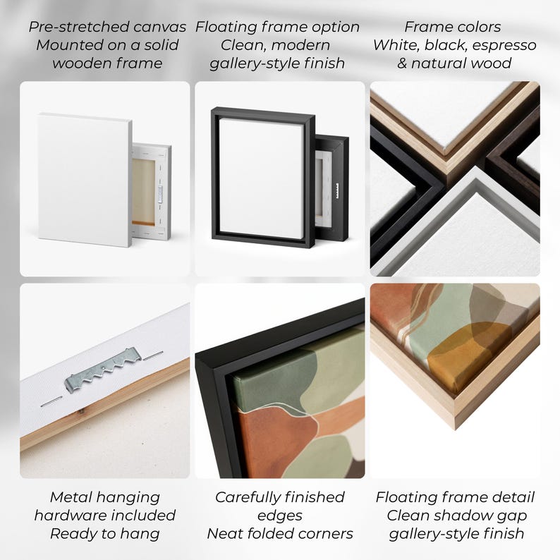 Canvas and floating frame options showing construction and frame finishes available for wall artwork