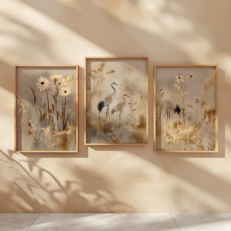 Japanese Crane Minimalist Triptych Wall Art Set – Wabi Sabi Japandi ...