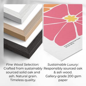 Frame and paper material guide showing white, natural wood and black frame finishes with close-up samples. The framing options use responsibly sourced solid oak and ash wood, while the artwork is printed on gallery-grade 200 gsm paper, presenting premium materials for this colorful three piece wall art set.