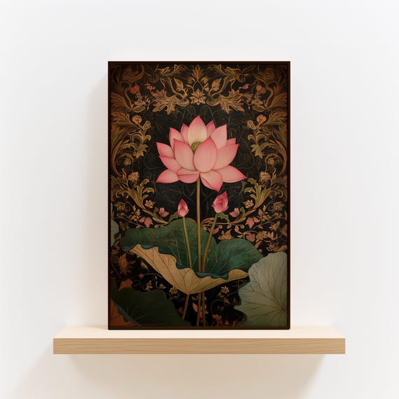 素晴らしいインド美術 【高級額装した印度絵画】 25000円で購入 Exquisite Black and Gold Indian Art, Pink Lotus Print With