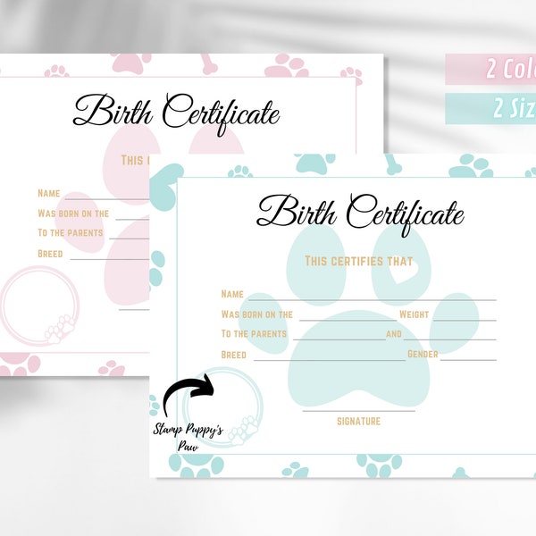 Puppy Birth Certificate Printable, Dog Birth Certificate, Pet Birth Certificate, Breeder Birth Form, Print Certificate of Birth