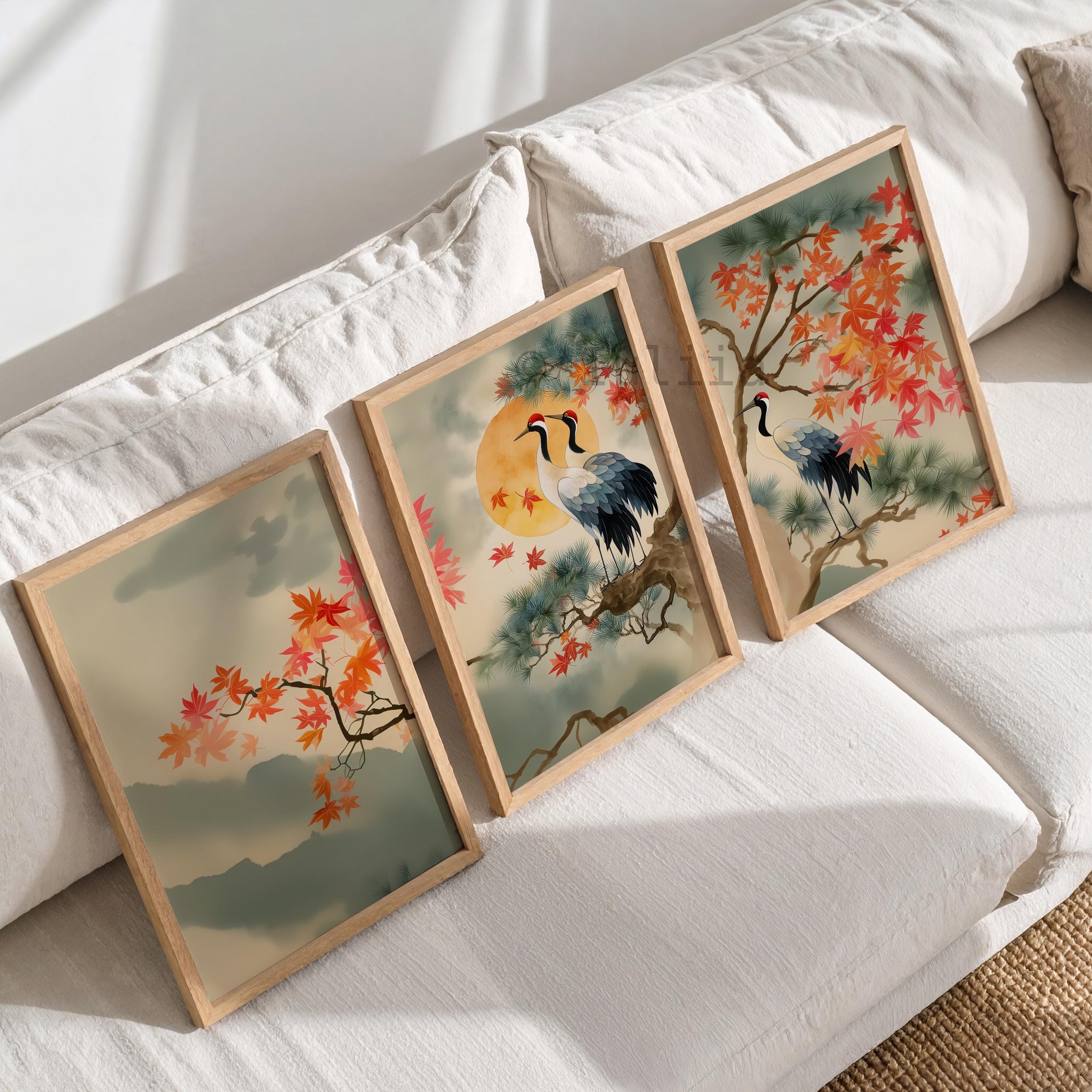 Fall Set of 3 Japanese Crane Prints – Autumn Maple Leaves Triptych Wall ...