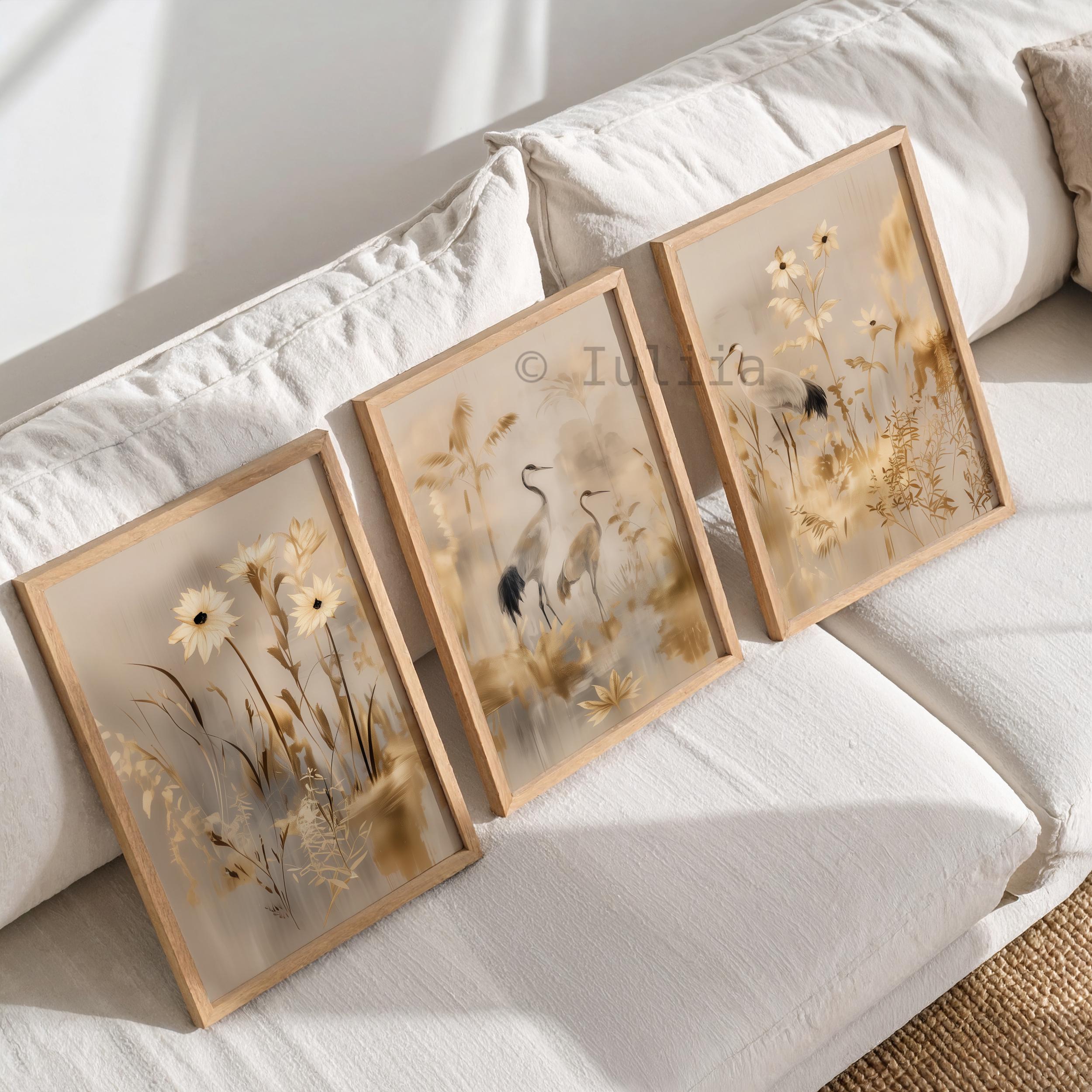 Japanese Crane Minimalist Triptych Wall Art Set – Wabi Sabi Japandi ...