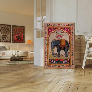 Pink and Beige Indian Elephant Print, Vibrant Madhubani Art Wall Decor ...