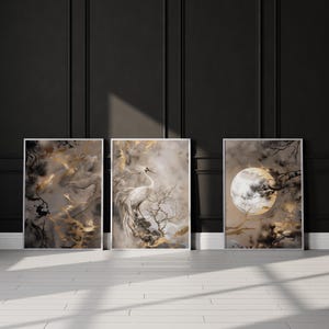 Japanese Crane and Moon Wall Art, Wabi Sabi Inspired Set of 3 Prints, Ideal for Japandi Decor, Large 3-Piece Artwork Set for Neutral Decor