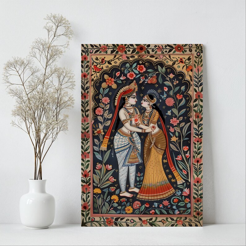 Indian god wall art featuring Radha and Krishna with ornate flowers displayed in a bright minimalist room
