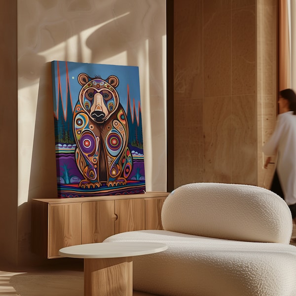 Canadian Aboriginal Artwork - Traditional Inuit Bear Painting on XL Canvas, Colorful Animal Indigenous Art Canada for Home or Office Decor