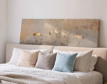 Panoramic Japanese Crane Wall Art, Beige & Gold Horizontal Long Narrow Canvas, Large Wide Minimalist Wall Decor, Asian Bird Nature Artwork