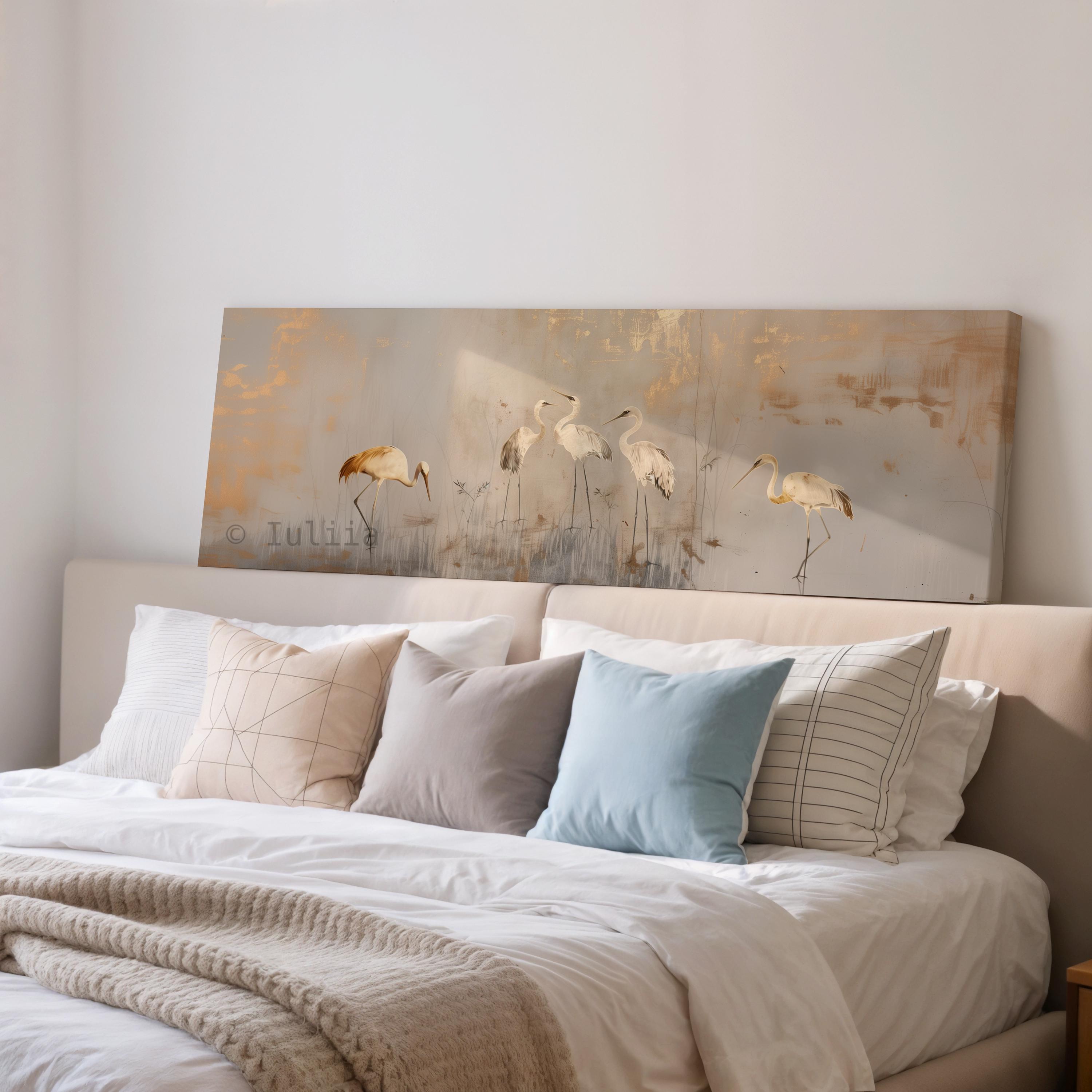 Panoramic Japanese Crane Wall Art, Beige & Gold Horizontal Long