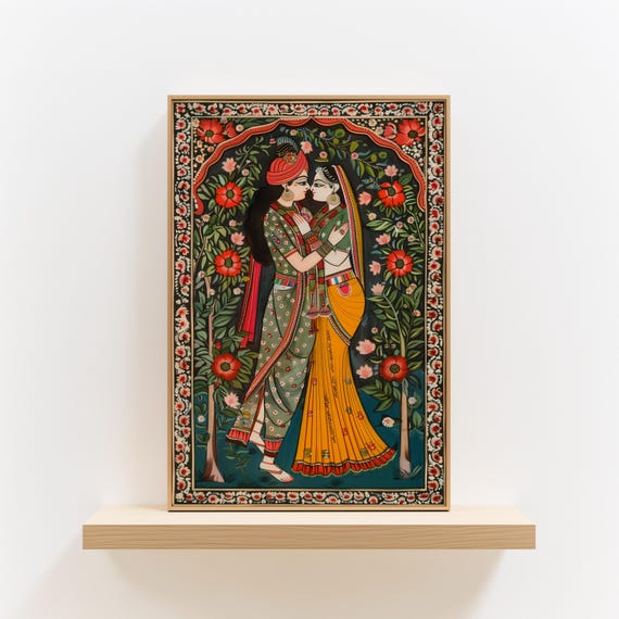 Radha Krishna Painting Style Poster, Traditional Madhubani Print Wall Art, Great Hindu God Themed Gifts & Cultural Home Decor Enhancement