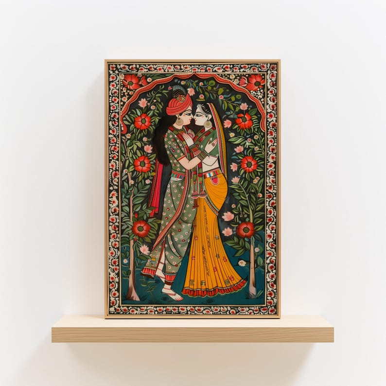 Radha Krishna Painting Style Poster, Traditional Madhubani Print Wall Art, Great Hindu God Themed Gifts & Cultural Home Decor Enhancement imagen 1