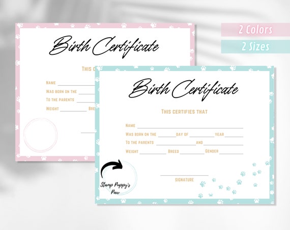 Pet Birth Certificate Printable Dog Birth Certificate Puppy - Etsy