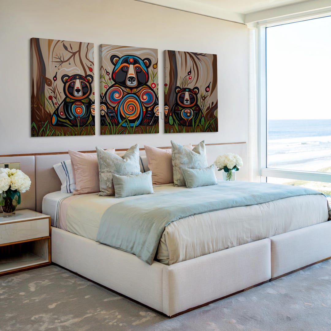 Canadian Aboriginal Style Bear Triptych – Animal Trio Wall Art ...