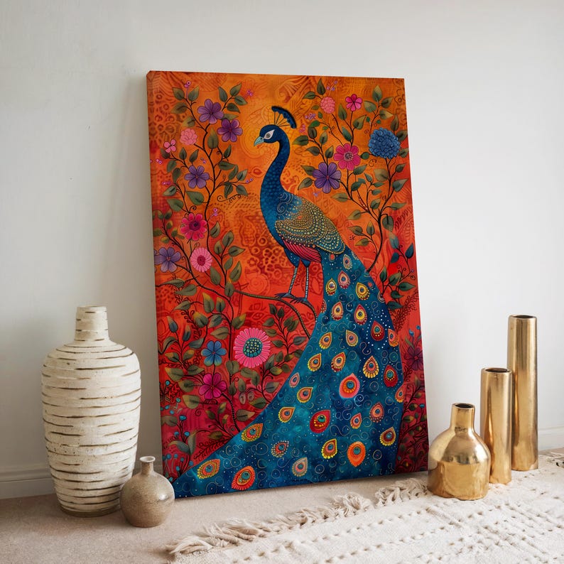 Indian Folk Art Style Peacock and Flowers Print on Canvas, Colorful ...