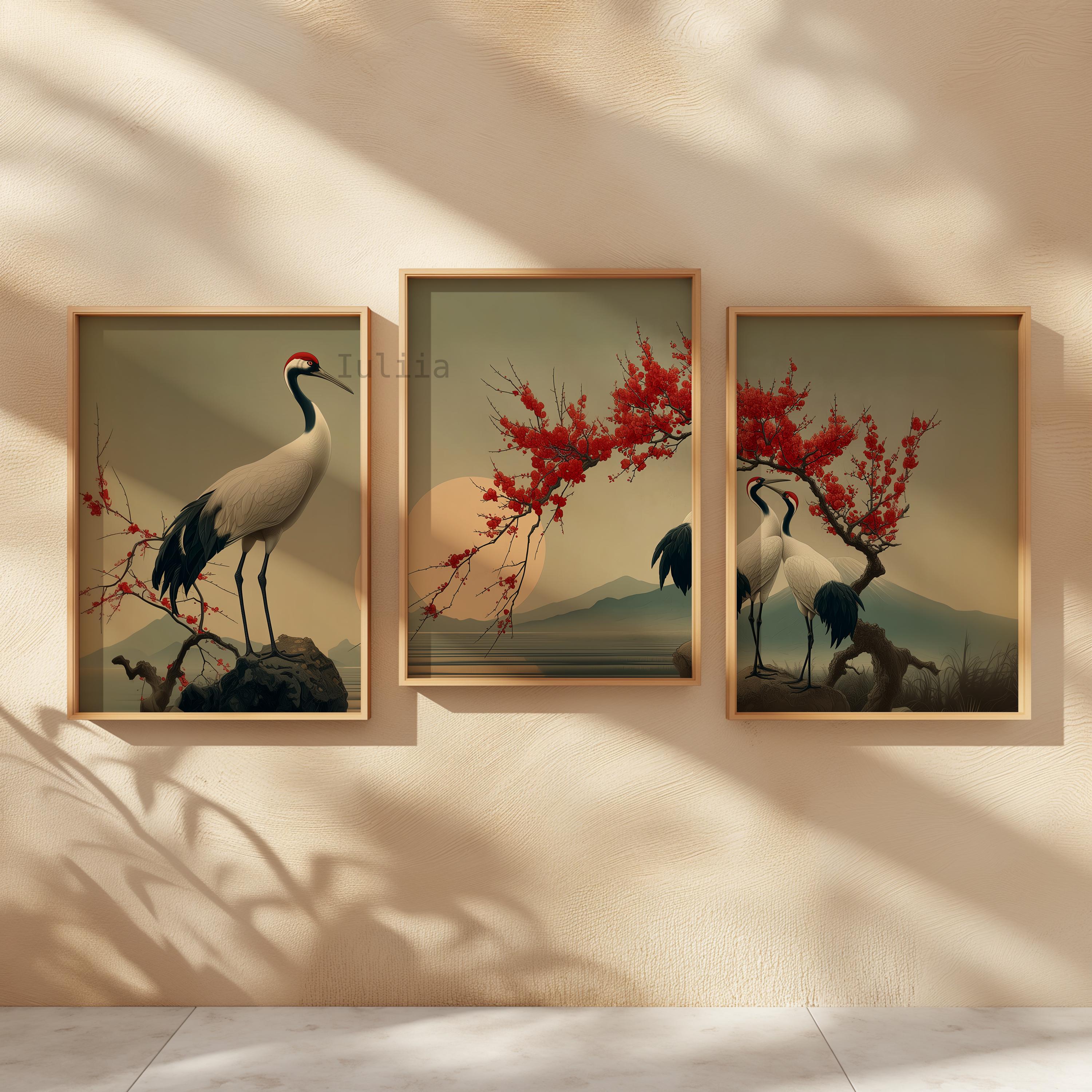 Japanese Crane Triptych Wall Art Set – Chinese Bird Three Panel Print ...
