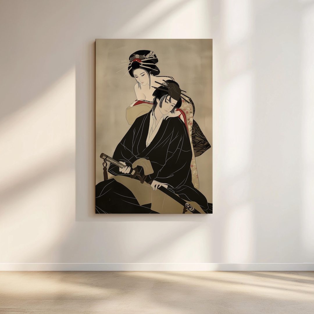 Japanese Geisha and Samurai Print on Canvas, Edo Period Style Wall Art ...