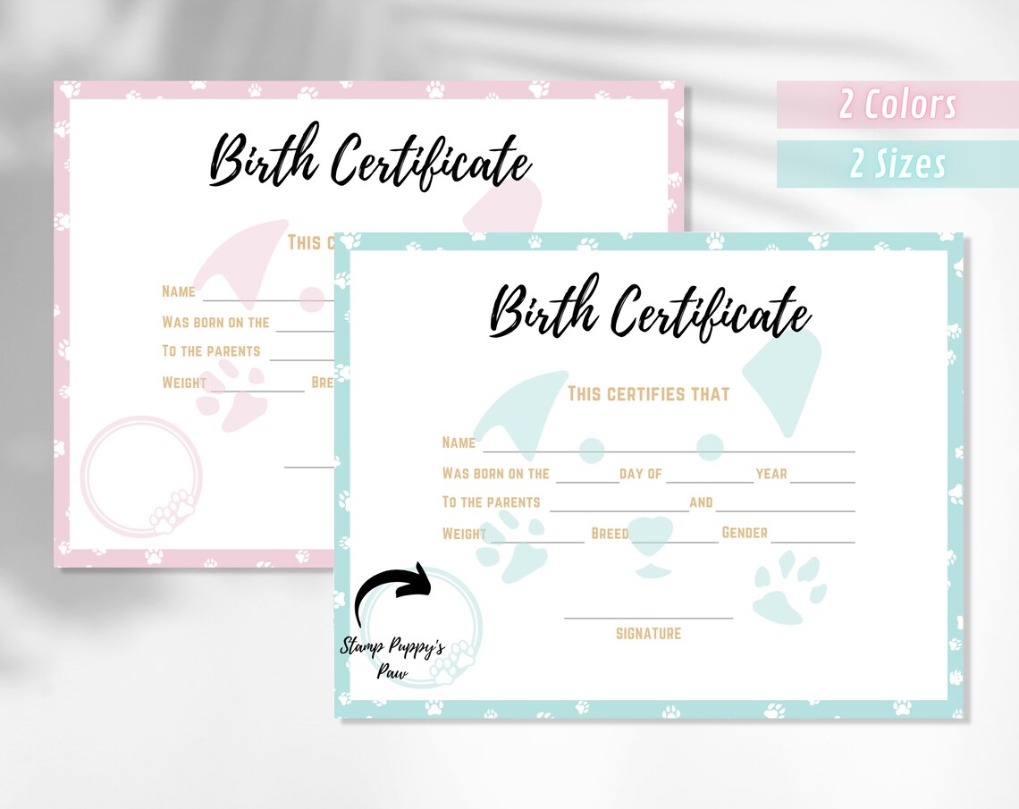 Puppy Birth Certificate Printable Dog Birth Certificate Pet - Etsy