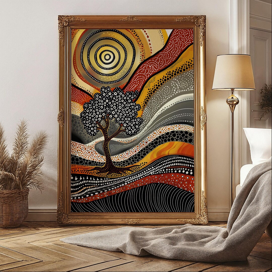 Indigenous Australian Painting Style Print, Aboriginal Meadow With Gold ...