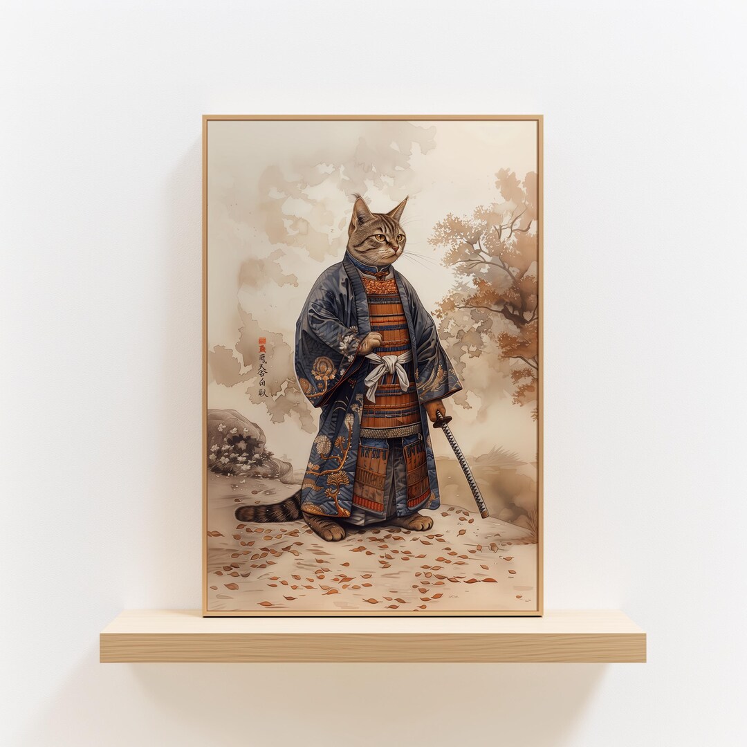 Samurai Cat Art Print – Japanese Warrior Cat in Armor, Ukiyo-e Style ...
