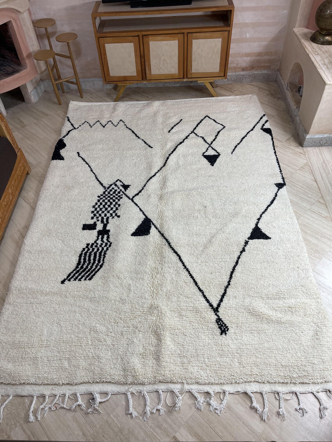 Moroccan Area Rug Natural White Soft Wool Black Diamond Etsy