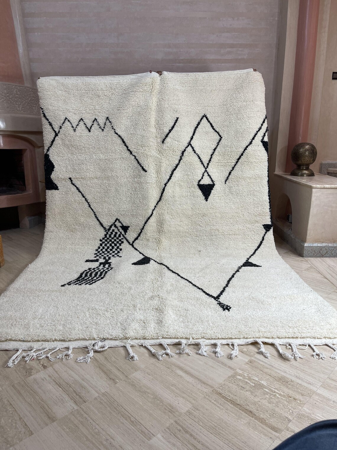 Moroccan Area Rug Natural White Soft Wool Black Diamond Etsy