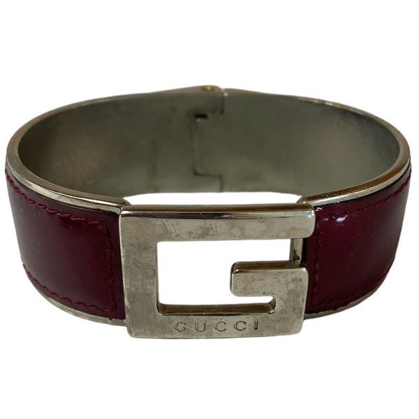 GUCCI Silver and Dark Red Patent Leather G Logo Bangle Bracelet Made in Italy