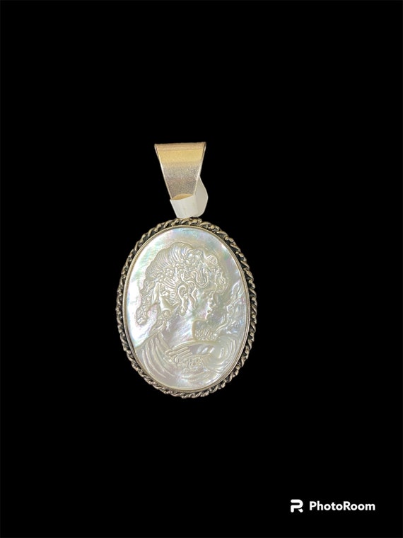 Carved White Abalone Cameo and Sterling Silver Pen