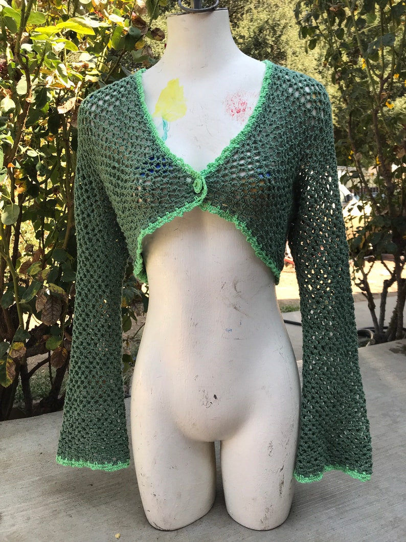 Crochet sage green mesh lace crop cardigan