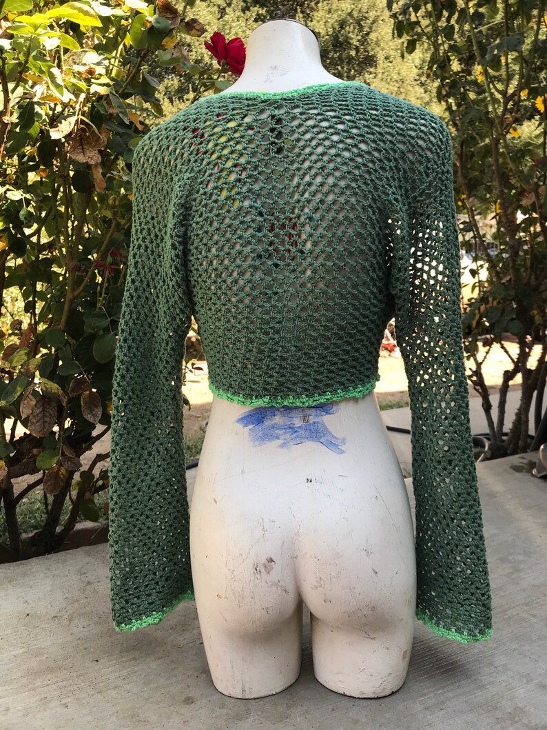 Crochet sage green mesh lace crop cardigan