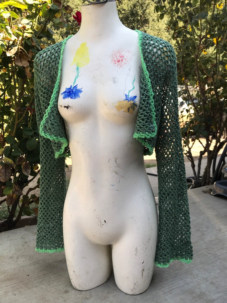 Crochet sage green mesh lace crop cardigan