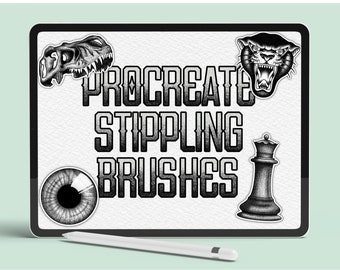 May include: A digital tablet screen displaying a set of Procreate stippling brushes. The screen shows a black and white illustration of a dinosaur skull, a panther, a chess piece, and an eye. The text "Procreate Stippling Brushes" is displayed in large, bold letters.