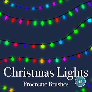 May include: Illustration of strings of colorful Christmas lights against a dark blue background. The lights are in various colors, including red, green, blue, and yellow. The text "Christmas Lights" and "Procreate Brushes" are also visible.
