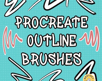 Könnte beinhalten: Auf einem türkisfarbenen Hintergrund mit weißen Punkten steht der Text "PROCREATE OUTLINE BRUSHES" in einer fetten, umrandeten Schrift. Mehrere weiße und rosa Pinselstrich-Designs sind um den Text herum verstreut. Ein kleines Logo unten rechts lautet "BRUSHES BY BETH."