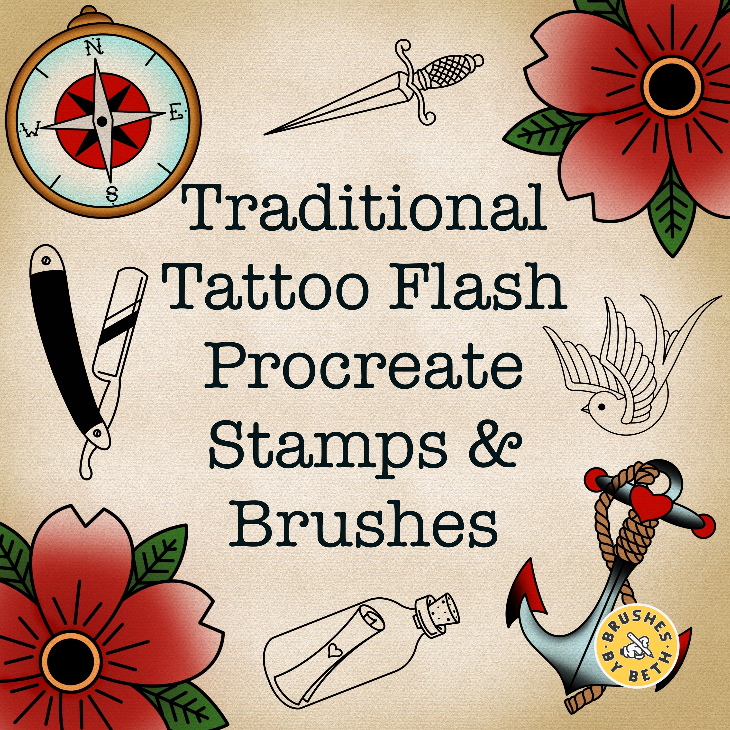 20 Procreate Traditional Style Tattoo Stamps & Brushes | Roses ...