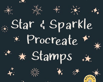 Puede incluir: Un fondo azul oscuro con un texto blanco superpuesto que dice "Star & Sparkle Procreate Stamps". El fondo está decorado con varias estrellas y brillos rosas y blancos.