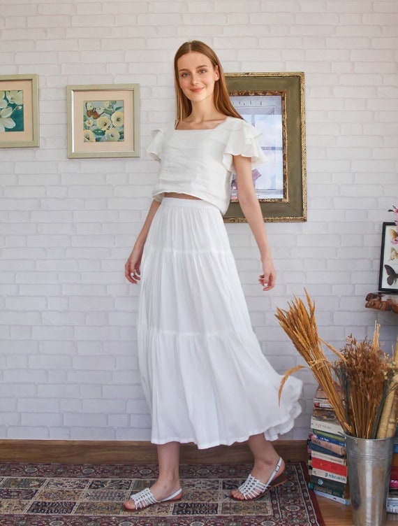 white linen midi skirt