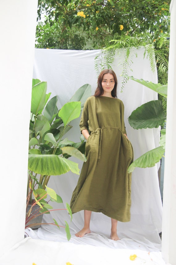 Green Linen Kaftan Plus Size With Belt Loose Linen Dress for Etsy