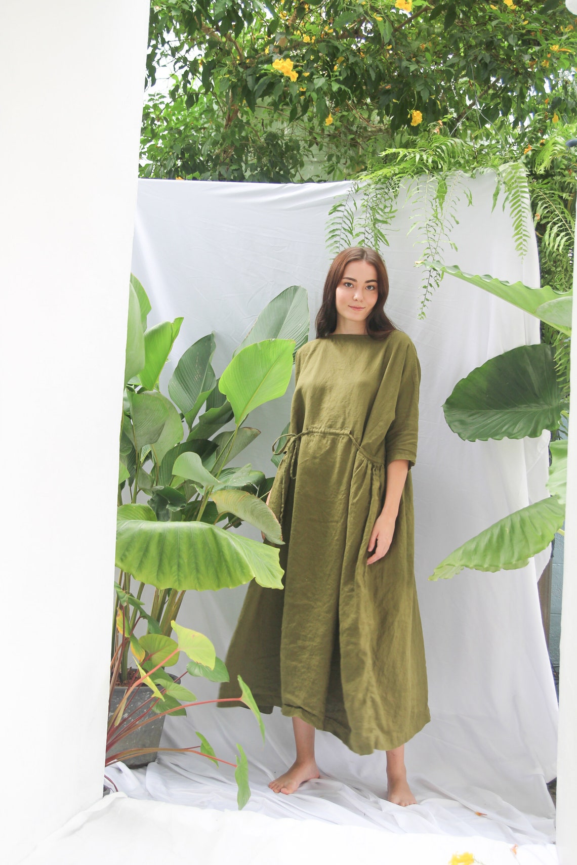 Green Linen Kaftan Plus Size With Belt Loose Linen Dress for Etsy