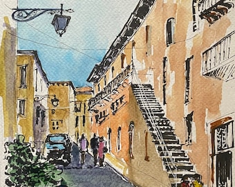 Italy Original Watercolor Painting Verona Artwork Old City Wall Decor Italian Travel Art Gift