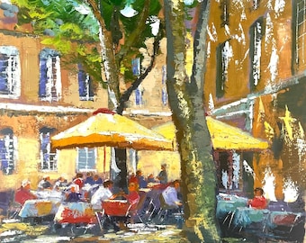 Provence Cafe Oil Painting Original : Sunny French City Street Art